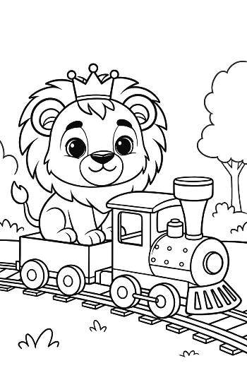 Sweet Lion Cub Looking Out from a Puffing Toy Train Printable