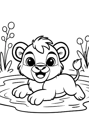 Sweet Little Lion Cub Enjoying the Water in a Lake Printable