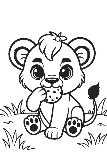 Adorable Lioness Cub Eating a Delicious Round Cookie Printable