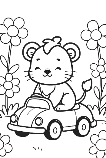 Cheerful Lioness Cub Driving a Small Toy Car Printable
