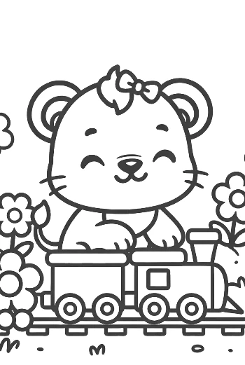 Cute Lioness Cub Conductor on a Steam Engine Train Printable