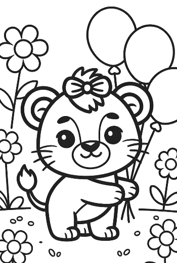 Cute Lioness Cub Holding a Bouquet of Flowers and Balloons Printable