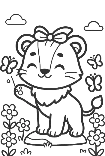 Cute Lioness Cub with a Bow Waving Her Paw Printable