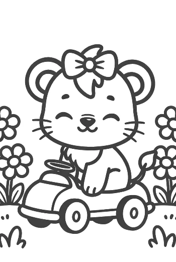 Happy Lioness Cub Driving a Toy Car on a Sunny Day Printable