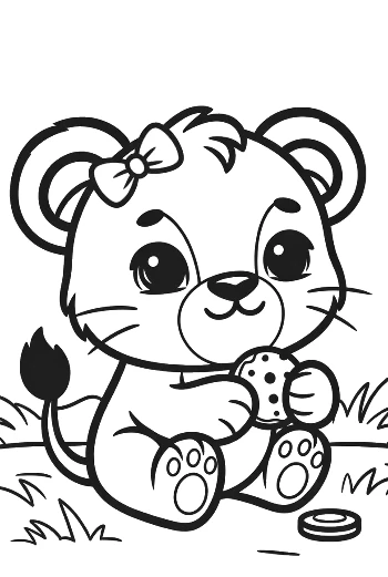 Little Lioness Cub Enjoying a Cookie in the Forest Printable