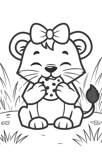 Playful Baby Lioness Holding a Cookie in a Grassy Field Printable