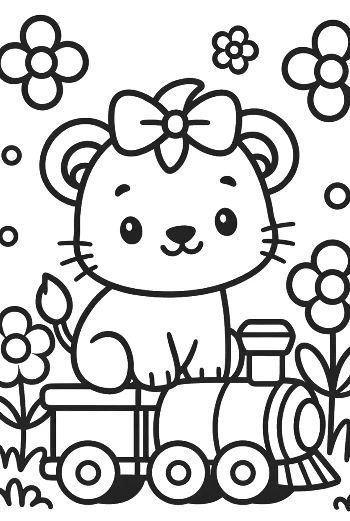 Playful Baby Lioness Riding in a Toy Train Car Printable