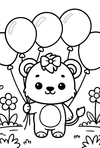 Playful Baby Lioness with a Bow and Floating Balloons Printable