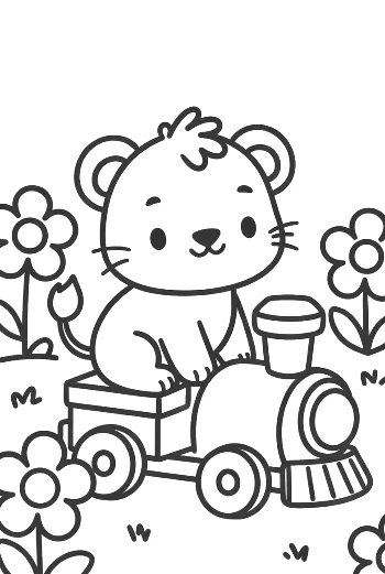 Süße Baby-Löwin winkt aus Spielzugfenster ausdruckbar