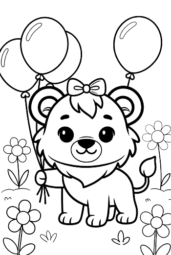 Sweet Lioness Cub Sitting with Colorful Party Balloons Printable