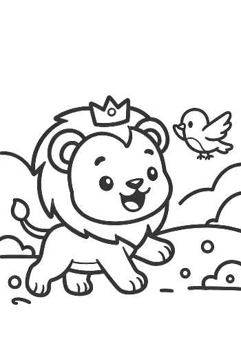 Cute Lion King with a Crown Playing with a Bird Printable