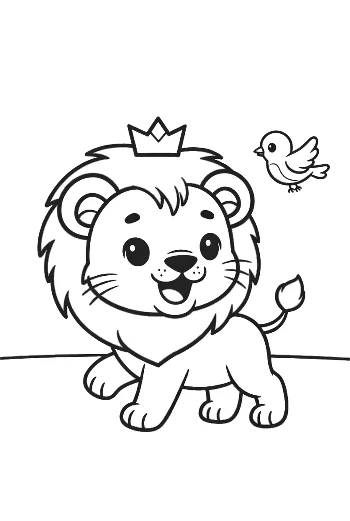 Friendly Lion Cub Having Fun with a Flying Bird Printable