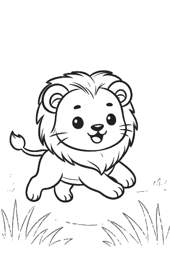 Lustiger kleiner Löwenjunge spielt fröhlich auf der Wiese - Ausdruckbar