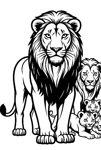 Majestic Male Lion with Cubs