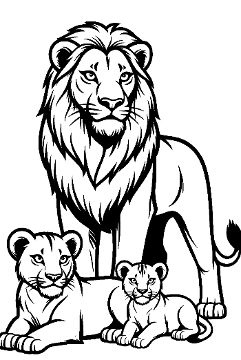 Majestic Male Lion with Lioness and Cub
