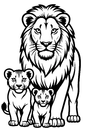 Majestic Male Lion with Two Cubs