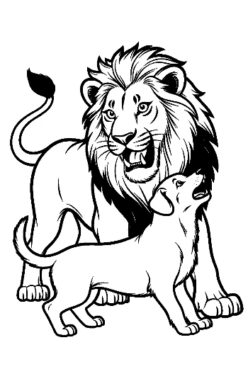 Mighty Male Lion Roaring with Pup