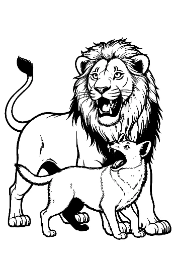 Mighty Male Lion Roaring with Young Cub