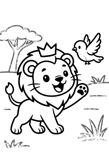 Playful Lion Cub Waving with a Little Bird Friend Printable