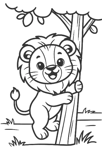 Liten løveunge som klemmer tre i savannen utskrivbart