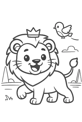 Young Lion Cub Walking in the Savanna with a Bird Printable