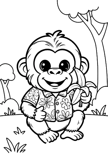 Adorable Little Chimp Holding a Banana in the Jungle Printable