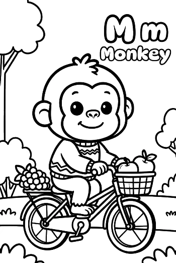 Baby Chimpanzee Riding a Bicycle with a Basket Printable