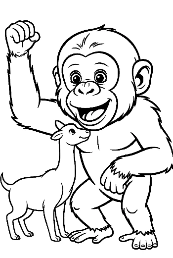 Cheerful Chimpanzee Flexing with Cute Goat