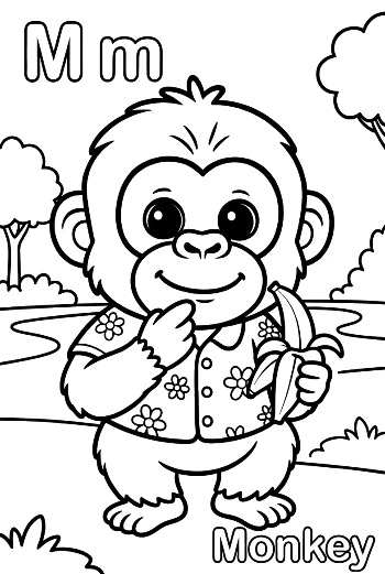Cute Baby Chimpanzee Eating a Banana Coloring Page Printable