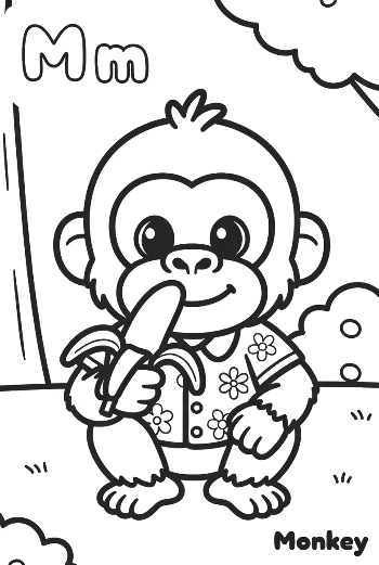 Little Chimpanzee Sitting and Peeling a Banana Printable