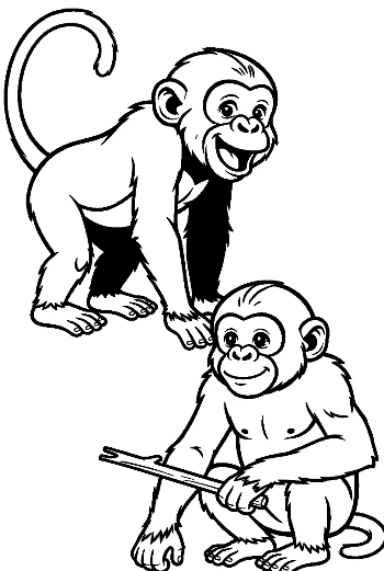 Two Happy Chimpanzees Playing with Stick