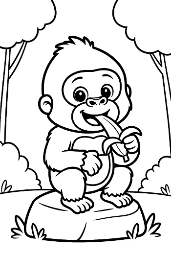 Adorable Young Gorilla Sitting and Holding a Banana Printable
