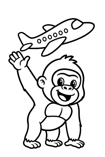 Baby Gorilla Waving at a Flying Airplane in the Sky Printable