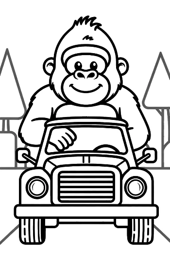Friendly Gorilla Cub Steering a Big Safari Vehicle Printable
