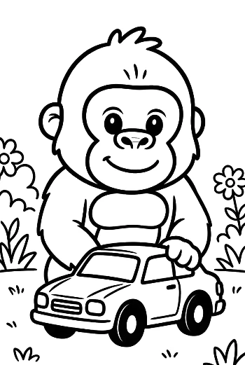 Funny Baby Gorilla Playing with His Favorite Car Printable