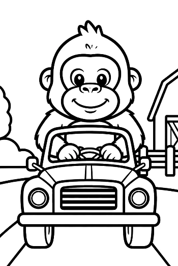 Little Gorilla Driving a Classic Car Down the Road Printable