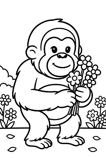 Charming Forest Ape Smelling a Handful of Forest Flowers Printable