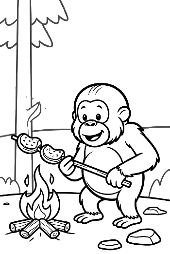 Cute Forest Ape Roasting Marshmallows over a Small Campfire Printable
