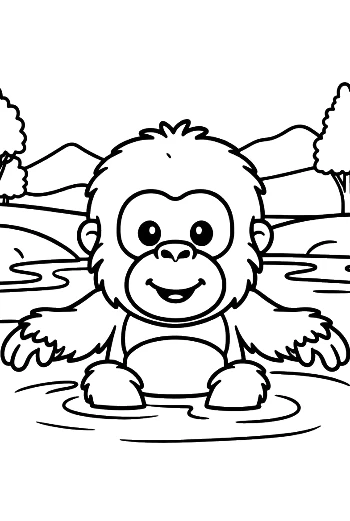 Cute Orangutan Cooling Off in a Shallow Jungle Stream Printable