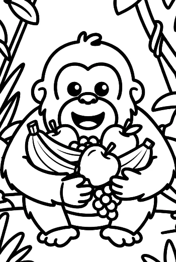 Happy Young Orangutan Sitting with a Basket of Bananas and Grapes Printable
