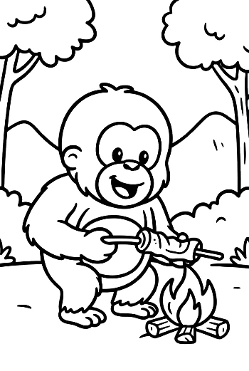 Little Orangutan Cooking Food on a Stick by the Forest Fire Printable