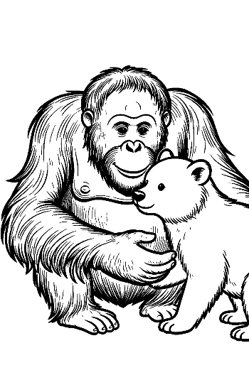 Orangutan Gently Embracing Cute Polar Bear Cub