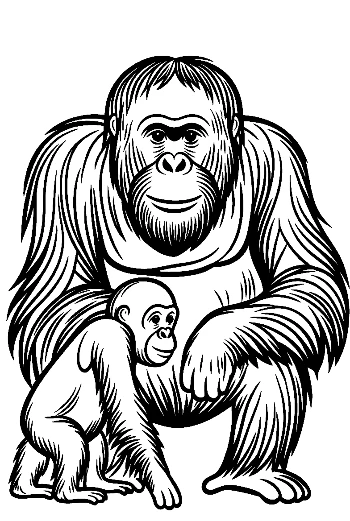 Orangutan Mother and Baby Line Art
