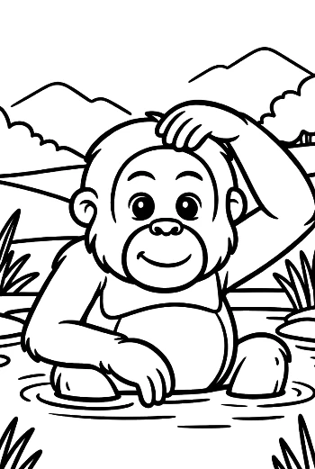 Playful Baby Ape Scratching Its Head While Sitting in the Water Printable