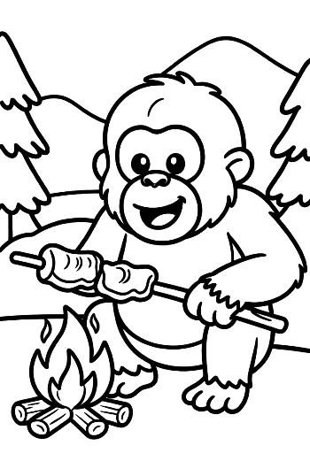 Playful Young Ape Enjoying a Cozy Campfire in the Woods Printable