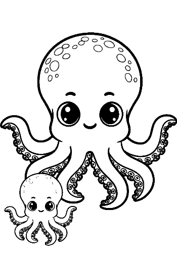 Cute Octopus Mom Hugging Baby Octopus