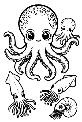 Cute Octopus with Baby and Playful Squids