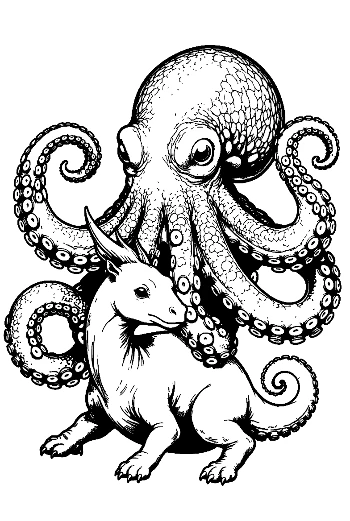 Giant Octopus Embracing Baby Dragon