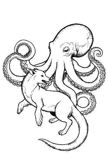 Giant Octopus Embracing Fox in Line Art