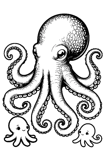 Giant Octopus with Playful Baby Octopuses